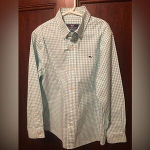 Boys Vineyard Vines Green Plaid Button Down Whale Shirt Size S (8-10)